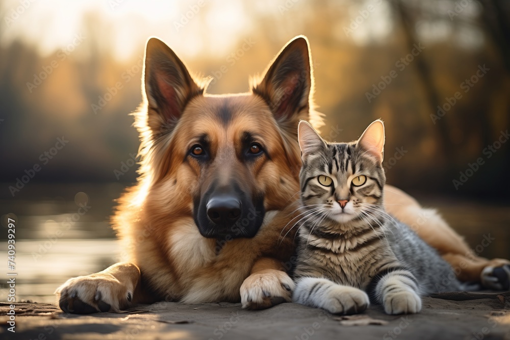 A dog and a cat lie on the ground next to each other and rest peacefully. Friendship between animals.