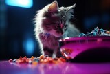 A small domestic kitten sits near a bowl of food ready to eat.