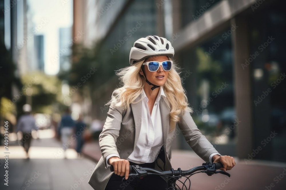 Young professional woman riding a bicycle in the city streets on her way to work Young professional woman riding a bicycle in the city streets on her way to work