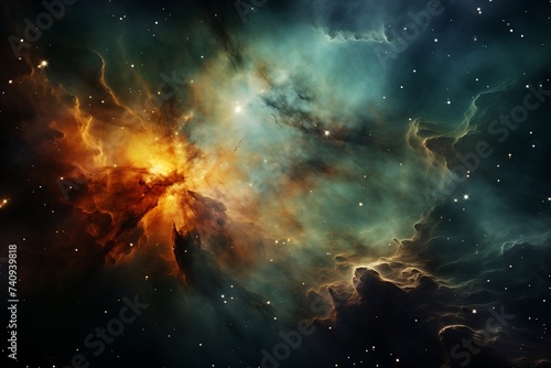 Bright space, illuminated by many multi-colored stars and swirling dust particles. Gas clusters create celestial bodies