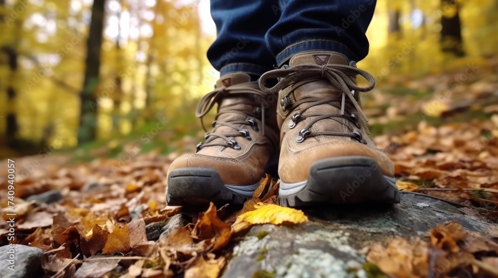 Hiking boot. Legs on mountain trail during trekking in forest. Hiking boot. Legs on mountain trail during trekking in forest.