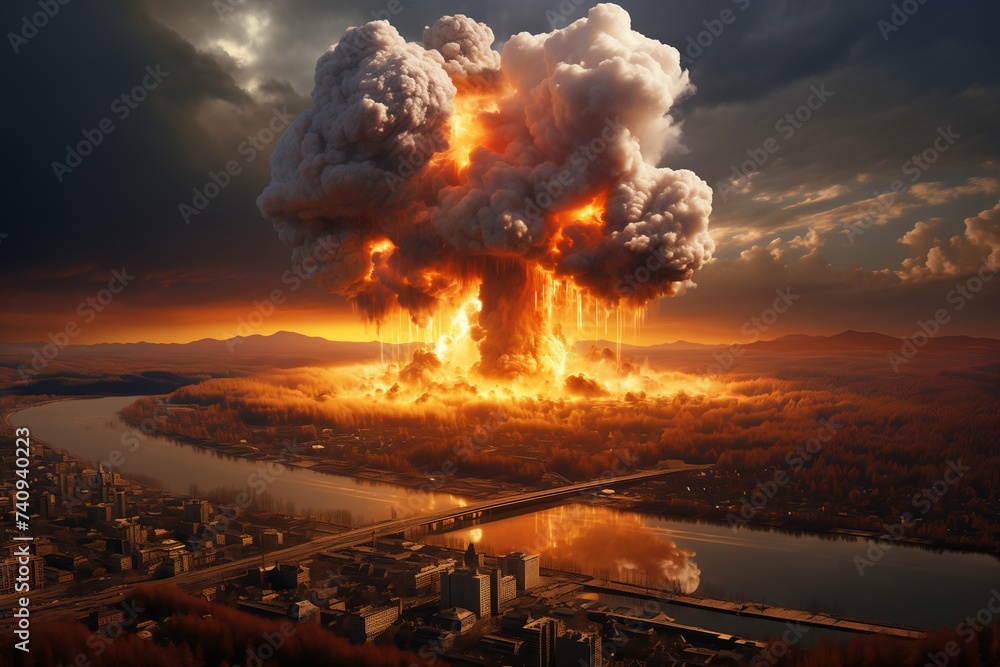 Nuclear apocalypse over devastated cityscape at dusk. A massive mushroom cloud rises above the ruins of a city against a twilight sky. - obrazy, fototapety, plakaty 
