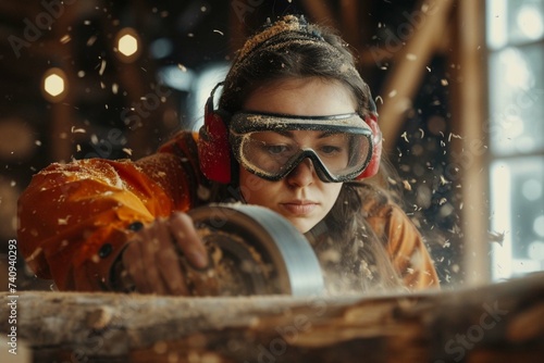 Female carpenter in goggles grinds tree branch using grinding machine. Craftswoman, designer wood processing, makes products from wood working in workshop. Hand crafted and small business concept