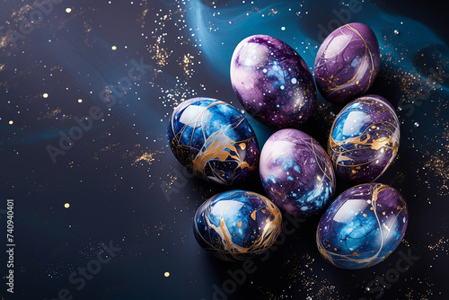 Eggs with texture of marble with golden spangles. Ornament with wavy fluid pattern looks like space with stars. Creative Easter greeting card with copy space on dark backdrop. 