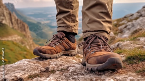 Hiking boot. Legs on mountain trail during trekking in forest.