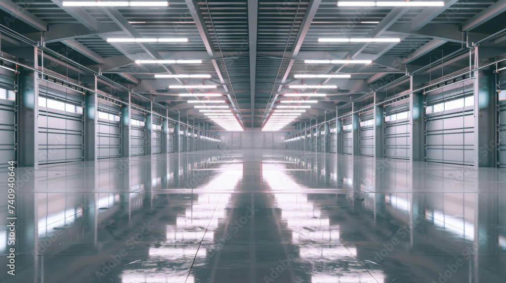 Obraz premium An expansive and modern industrial warehouse interior is illuminated in cool blue tones with a glossy floor reflecting the overhead lights.
