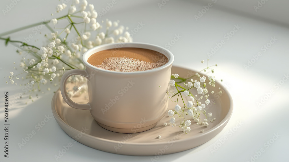 Cup of coffee on a ceramic plate with a sprig of gypsophila on it on white background