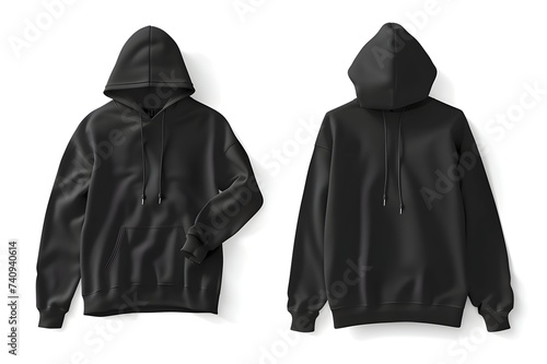 Black pullover hoodie sweatshirt with hood up isolated on white background, front and back view