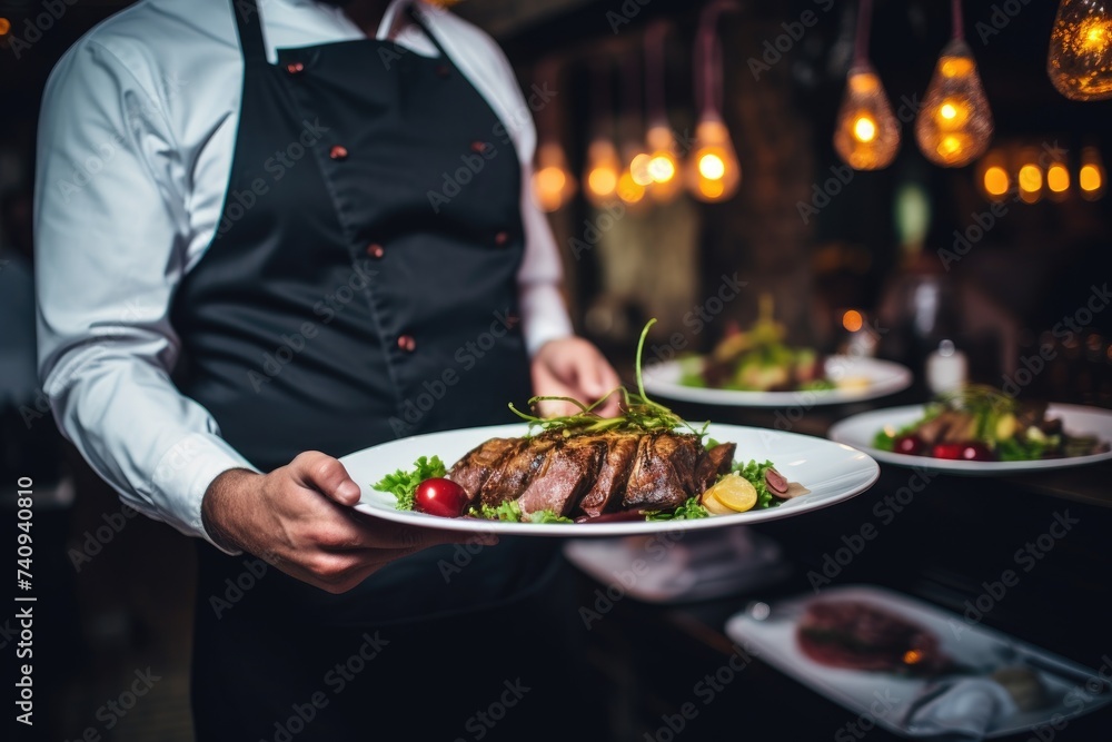 Waiter carrying plate with amazing meat dish. Catering service concept