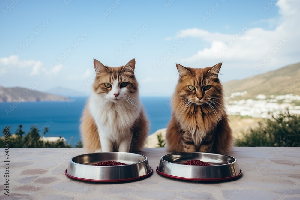 Two domestic cats are seated beside bowls of food, ready to eat. - obrazy, fototapety, plakaty 