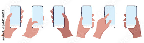 Mobile phone in hand mockup collection - Set of hands holding and using smartphone in simple flat design vector illustrations with white background