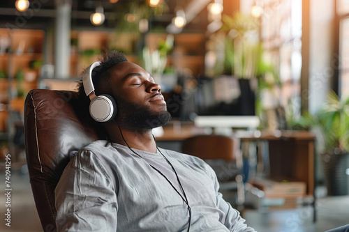 Black man sitting in a chair in an office with a computer in the background, wearing headphones and listening to relaxing music, with his eyes closed and a calm expression on his face