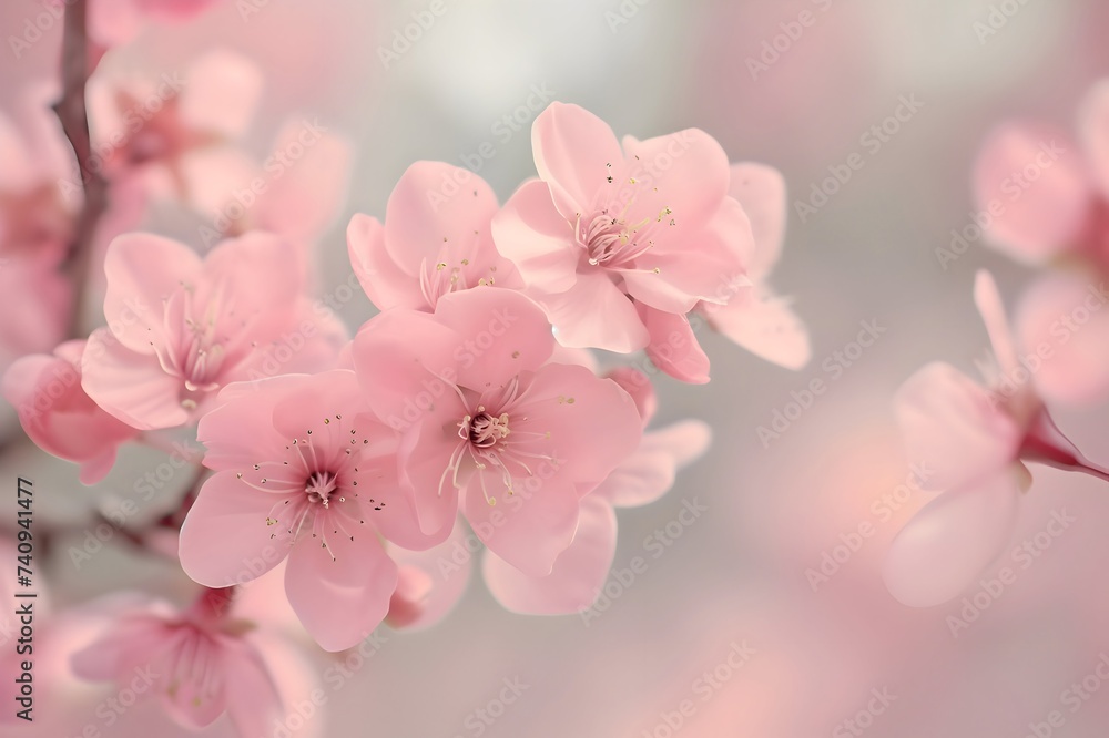 Soft and delicate pink cherry blossoms in full bloom against a serene white background