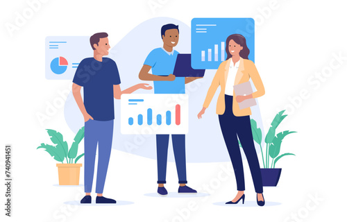 Computer workers and charts - Team of three people working on abstract data with diagrams and infographics. Flat design vector illustration with white background