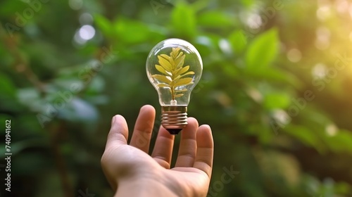 Hand holding light bulb against nature on green leaf with energy sources, Sustainable developmen and responsible environmental