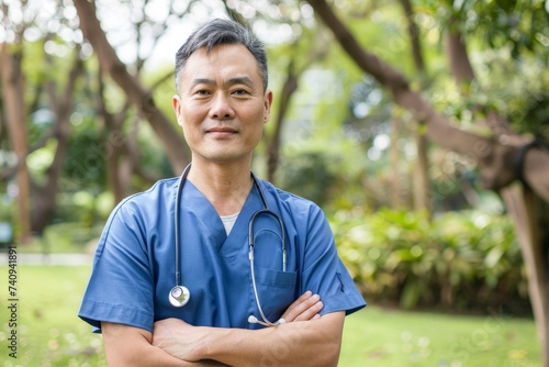 Portrait of a male Asian doctor wearing scrubs in a park photo