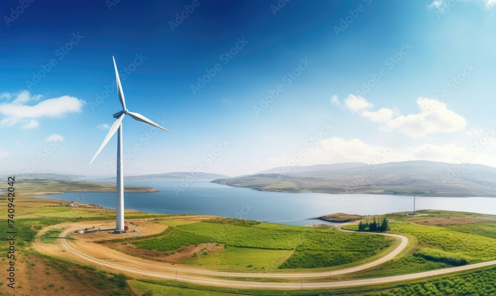 Obraz premium Wind turbine in beautiful landscape, production of clean and renewable energy, renewable and green energy concept.