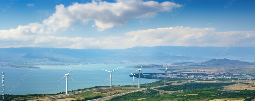 Wind turbines in beautiful landscape, production of clean and renewable energy, renewable and green energy concept - obrazy, fototapety, plakaty 