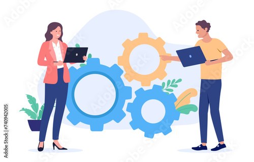 Solving problem - Two office people, man and woman with laptop computers working with cogwheels in background. Flat design vector illustration with white background