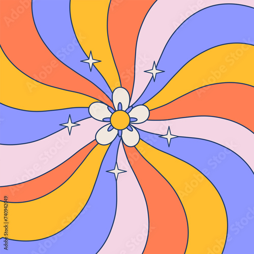 70s retro wavy square background. Vintage colorful iris sunburst backdrop. Geometric summer rainbow pattern. Sun rays swirl radial bold lines. Psychedelic hypnotic spiral, twirl banner. Vector flower