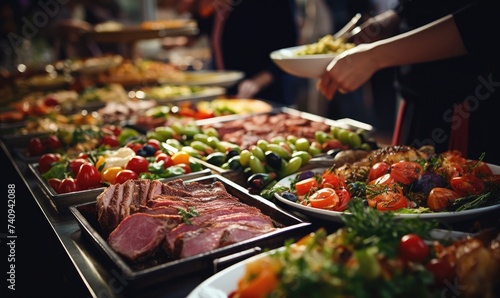 People are enjoying Amazing catering food, banquet table with different delicious foods on luxury celebration or wedding