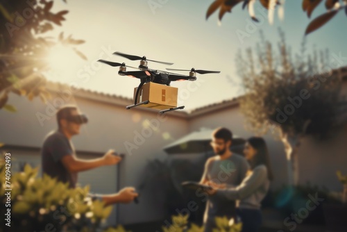 Smart package Drone Delivery active transportation. Parcel hydrogen powered mobility box aerial cargo delivery shipping. Logistic immersive experiences mobility self supervised learning photo