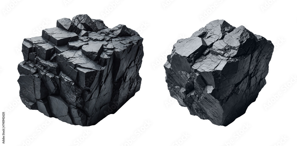 Beautiful black heavy stone or mineral, charcoal,  isolated background. Transparent PNG