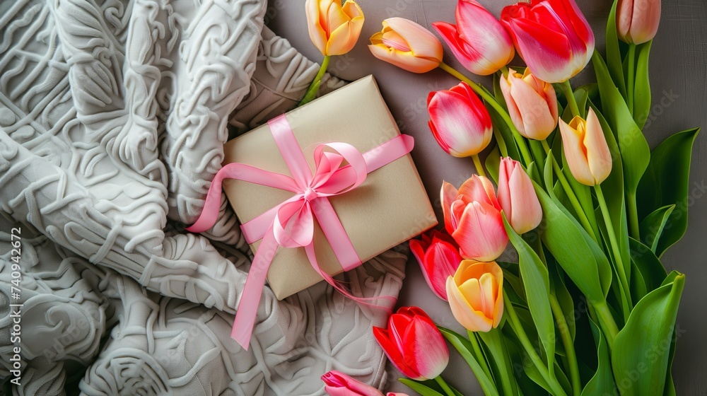 Gift Box with Pink Ribbon and Bicolor Tulips on Textured Gray and White Blankets Gift Box with Pink Ribbon and Bicolor Tulips on Textured Gray and White Blankets