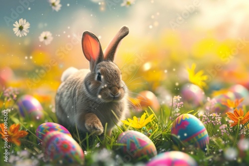 Frolic in color! A charming glimpse into Easter festivities, featuring a lively bunny hopping through a picturesque meadow adorned with a profusion of vibrant, painted eggs. Generated AI