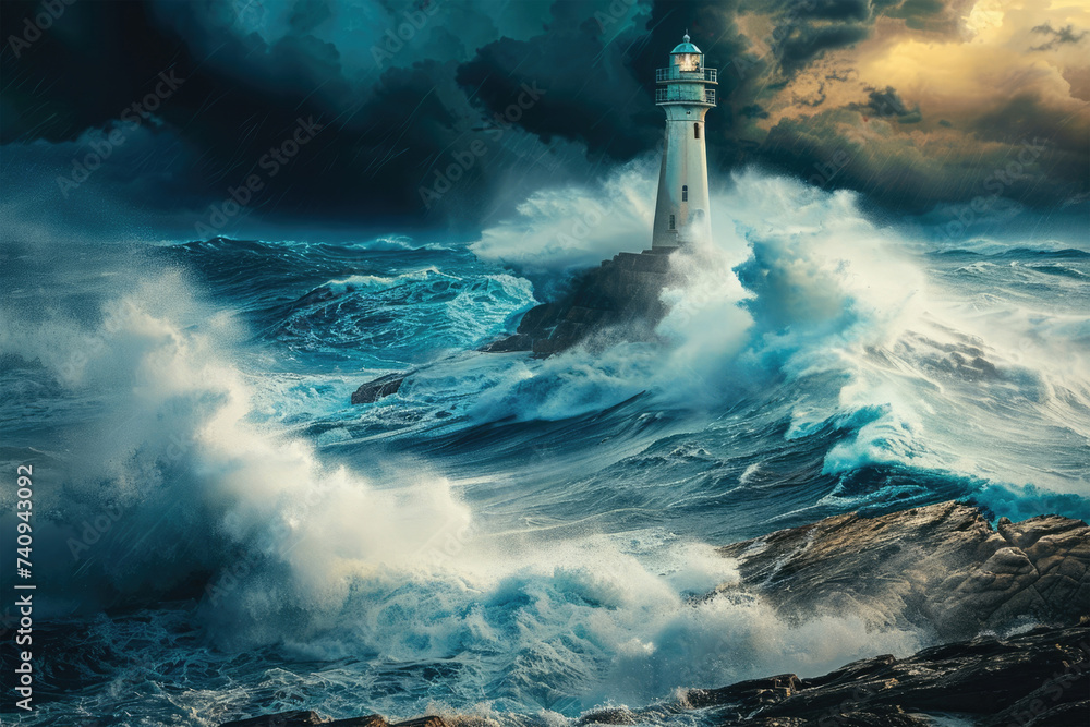 Lighthouse on the rocks in stormy sea. 