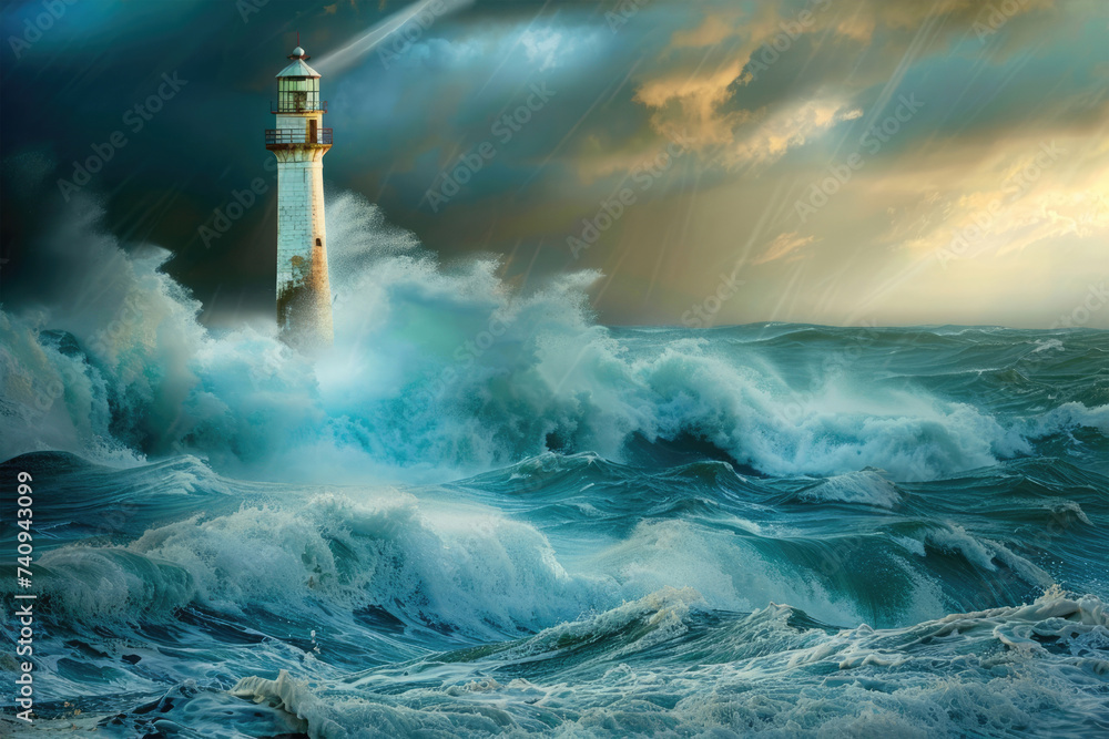 Lighthouse in stormy sea at sunset. 