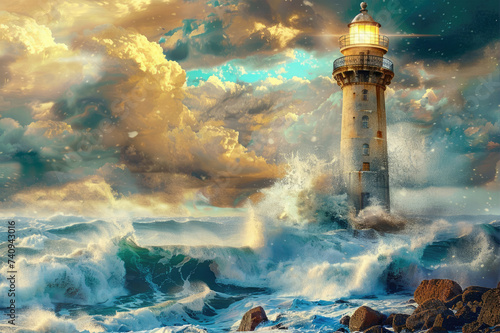 Fantasy landscape with lighthouse in the sea.