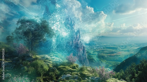 An image depicting the overlay of digital imagery on a real-world landscape, illustrating augmented reality and the blending of physical and virtual worlds. 8k