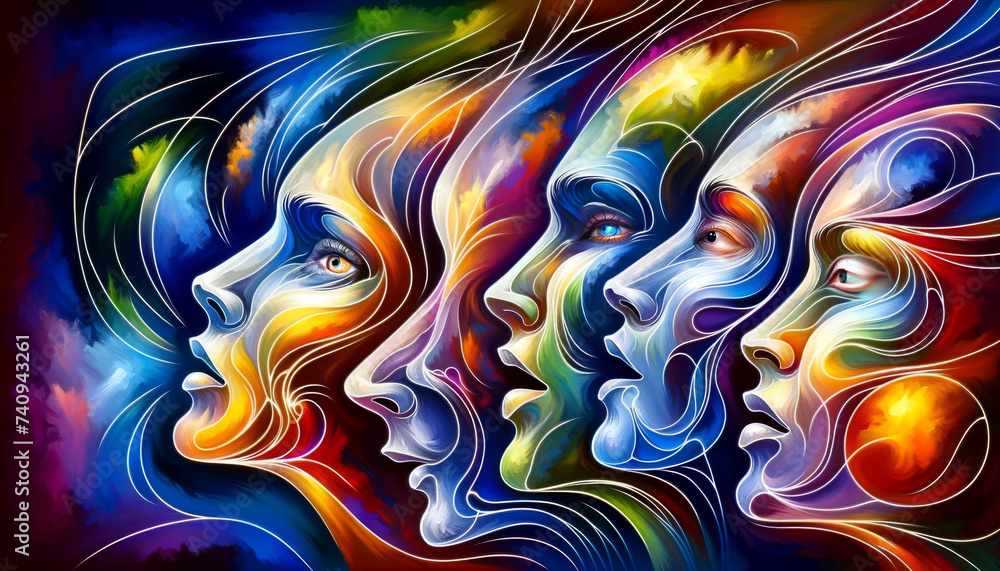 Abstract human profiles emerging from vivid swirls of color and emotion