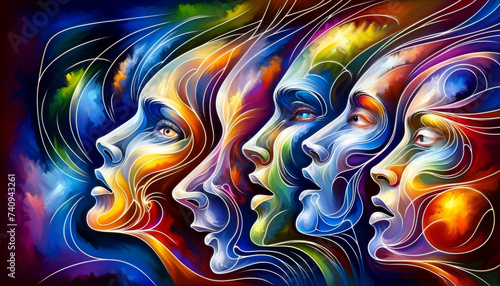 Abstract human profiles emerging from vivid swirls of color and emotion