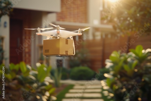 Smart package Drone Delivery refrigerated freight. Box shipping urban culture parcel drone warehouse logistic transportation. Logistic tech 5g mobility signature required drone delivery