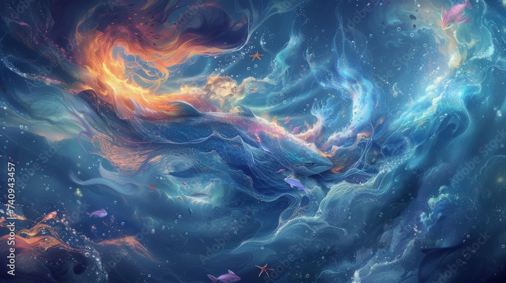 Vibrant Oceanic Artwork with Swirling Aquatic Life and Ethereal Glow
