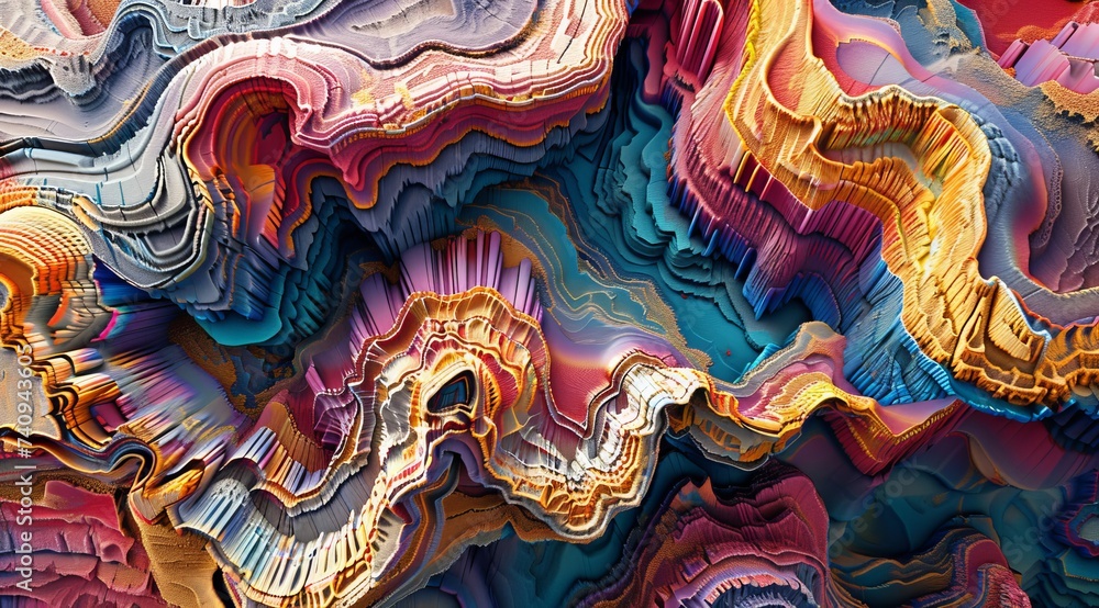 Complex Topography of Colorful Layered Ridges in Abstract Design