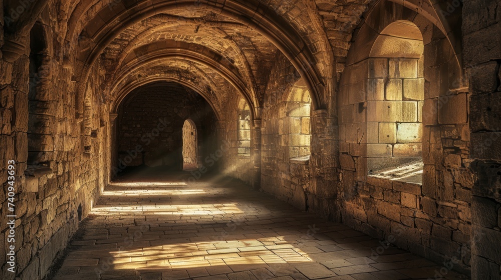 Medieval Vaulted Stone Corridor Illuminated by Sunbeams