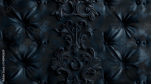 An illustration of a deep, black velvet texture featuring an embossed classical pattern that adds elegance and depth to opulent wallpaper designs. 