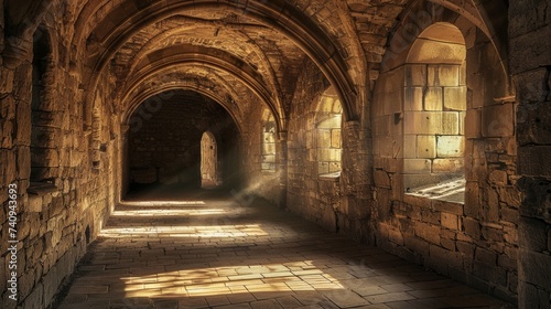 Medieval Vaulted Stone Corridor Illuminated by Sunbeams © SpiralStone