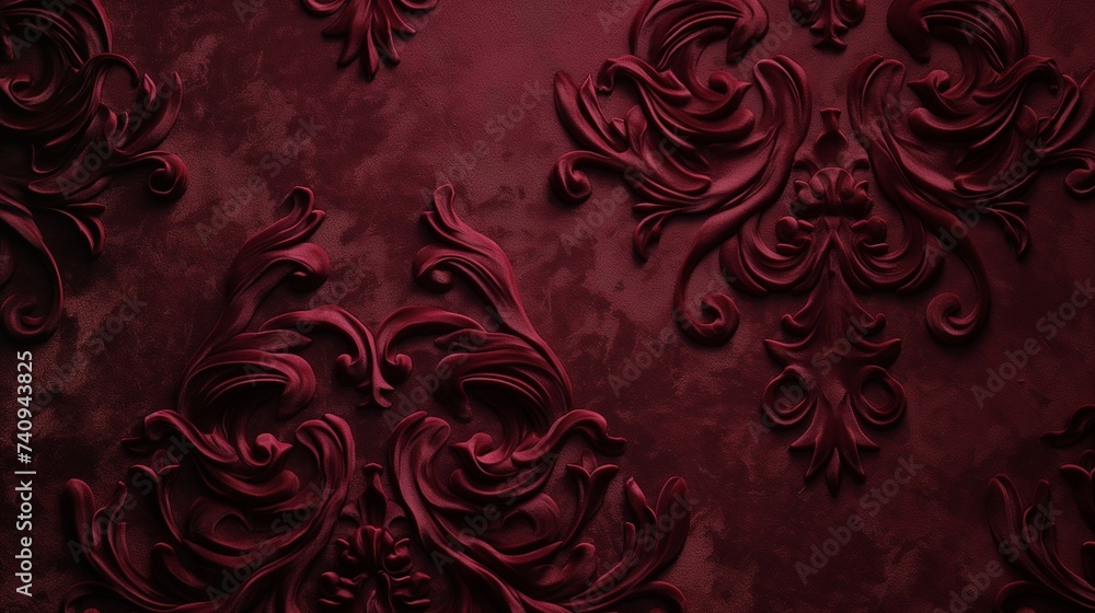 An image showcasing a rich, dark velvet texture with an embossed classical pattern, offering depth and luxury for sophisticated wallpaper designs. 8k - obrazy, fototapety, plakaty 