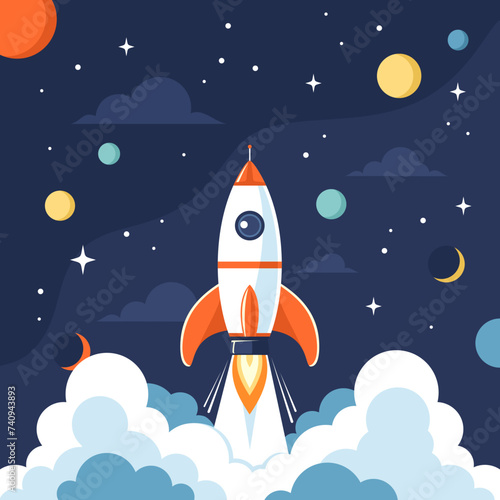 Rocket launch into space with planets and stars in the background. Vector illustration in flat style