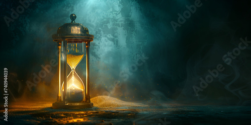 A hourglass with purple and gold on the bottom and the word time on the bottom. Hourglass with flowing sand on dark background. Time passing concept. 