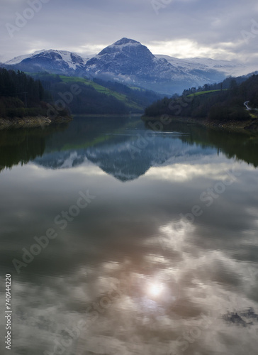 Mount Txindoki. Ibiur Reservoir with Mount Txindoki in the background, Euskadi