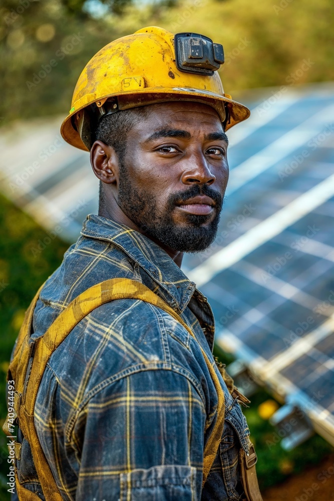 Young Black Solar Field Technician in Work Attire. A young African American solar field technician with a safety helmet stands confidently with solar panels behind him.
Young Black Solar Field Technician in Work Attire. A young African American solar field technician with a safety helmet stands confidently with solar panels behind him.