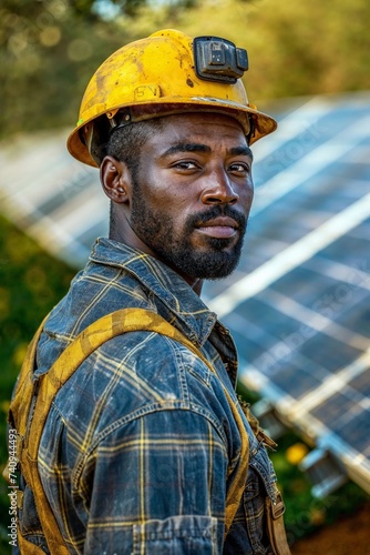 Young Black Solar Field Technician in Work Attire. A young African American solar field technician with a safety helmet stands confidently with solar panels behind him.
