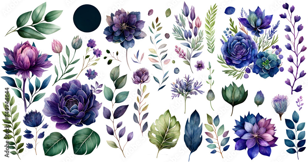 Set of lris flower watercolor collection of hand drawn, purplish blue color, Mushroom elegant watercolor , lris flower  isolated transparent background, PNG.	