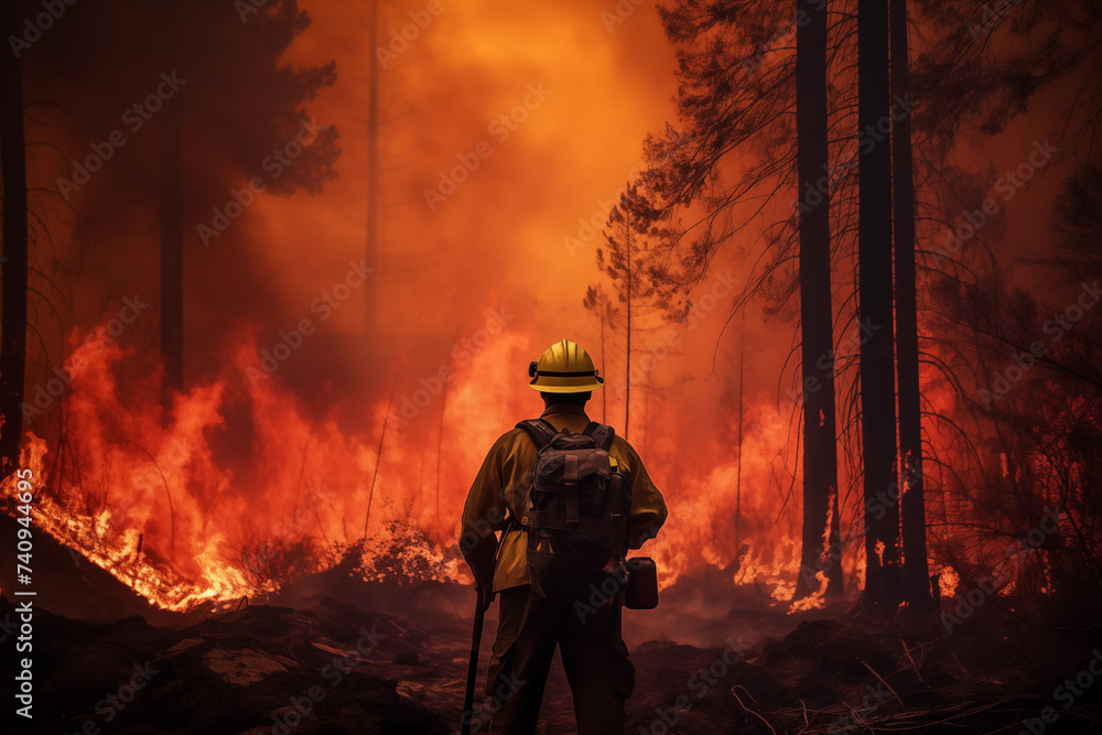 firefighter fighting a forest fire, wildfire in forest firefighter fighting a forest fire, wildfire in forest