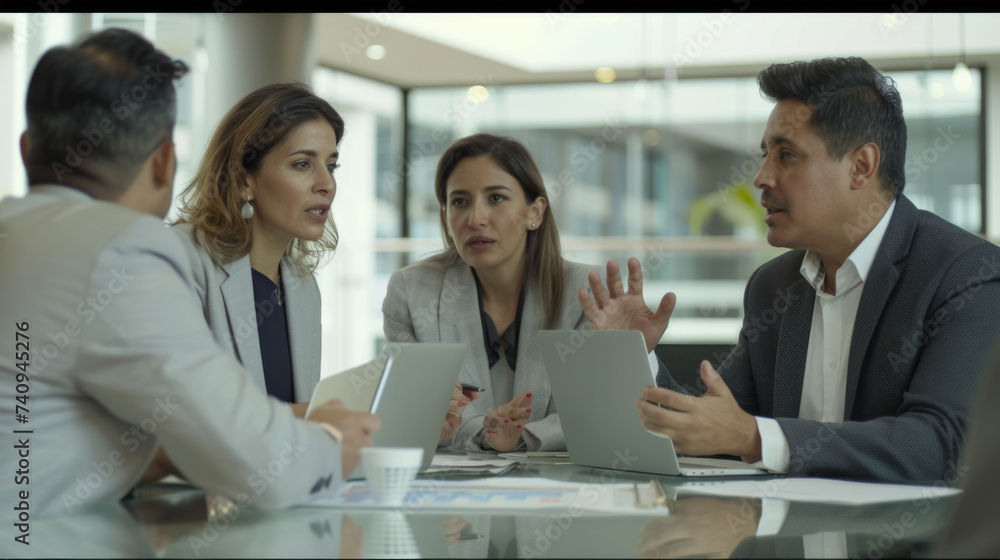 group of business professionals engaged in a serious discussion around a glass table in a modern office setting.